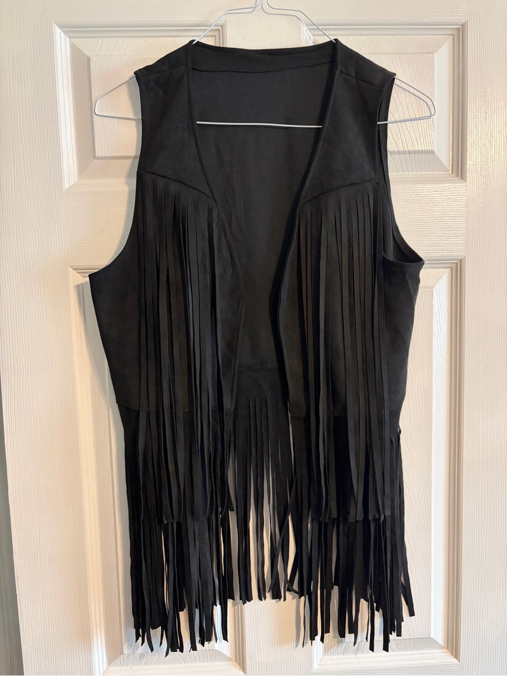 Western Faux Suede Fringe Vest Black Open Front Boho Cowgirl Festival Women's L